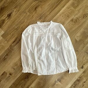 LOFT White Ruffle Neck Swiss Dot Blouse - Women Tops